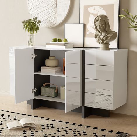 Meuble de rangement blanc laqué brillant, armoire moderne épurée à 2 battants et 4 tiroirs, nettoyage aisé, parfait pour séjour ou espace repas (1/5)