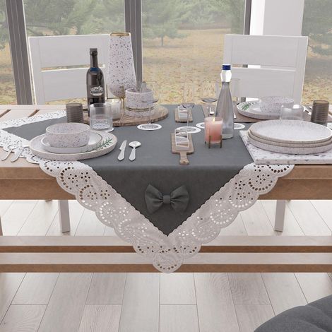 Centre De Table Tissu avec Dentelle de Saint-Gall, Chemin De Table Carré en Coton 95x95 cm, Gris Foncé, Accessoires De Cuisine (1/3)