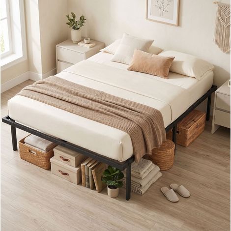 Letto matrimoniale 140x200 cm nero in metallo con rete a doghe e spazio contenitore (1/5)