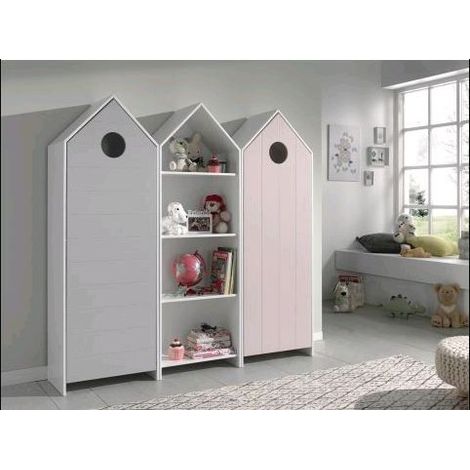 Ensemble 2 armoires enfant gris & rose et 1 bibliothèque blanche bois laqué Camila (1/5)