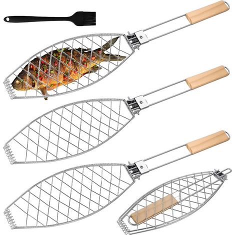 3er-Set Grillzangen aus Edelstahl mit Holzgriffen – 62 x 12 cm – Grillzange – Faltbar – Tragbar – Silber (1/5)