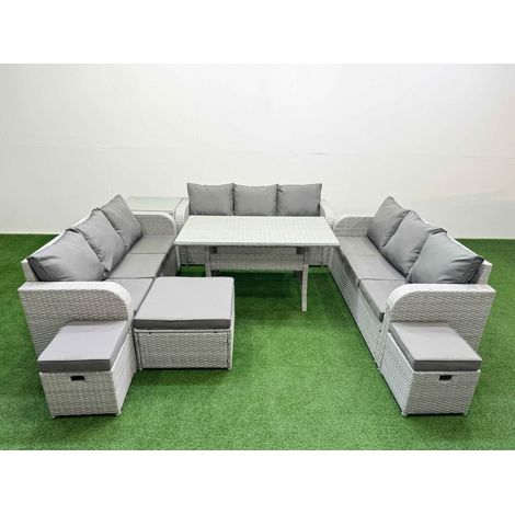 Fimous PE Rattan Lounge Sofa Set 12 Seater Outdoor Garden Furniture Set with Rectangular Dining Table 3 Seater Sofa 3 Stools Side Table Light Grey (1/4)
