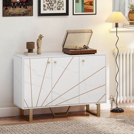 Meuble de rangement buffet salon avec 2 placards 3 portes et étagère réglable, pieds en métal, aspect marbre blanc (1/5)
