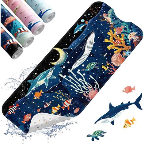 Badewannenmatte Kinder 100x40cm, Antirutschmatte mit Saugnäpfen, BPA-frei, Marineblau Wal-Design (1/5)