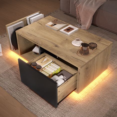 Tavolino in legno tecnico e metallo 99,5 x 53 x 38 cm naturale con LED e vano contenitore (1/5)