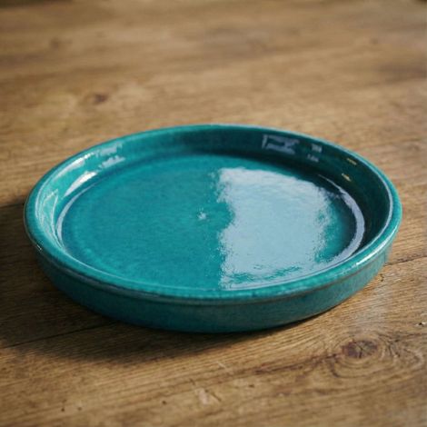 Soucoupe 34cm turquoise faite à la main en terre cuite émaillée (1/5)
