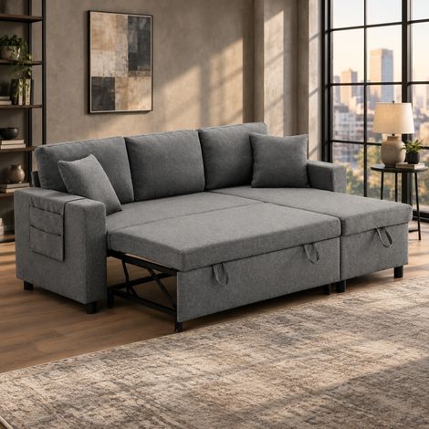Divano angolare letto 219,5x142,5x83 cm in tessuto grigio scuro con vano contenitore – MEUBLIV (1/5)