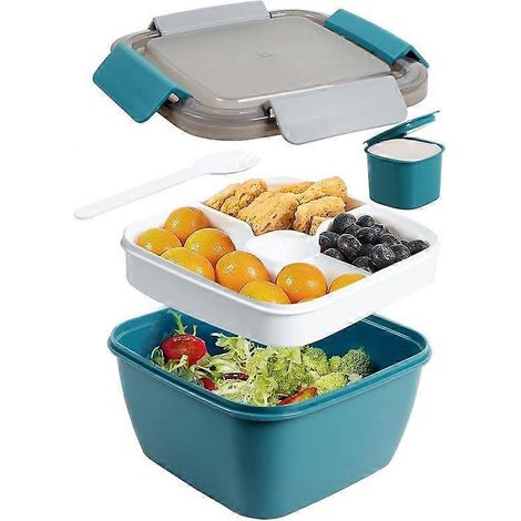 Boîte à salade, saladier de 1,5 litre à 3 compartiments, récipient pour vinaigrette, pour garnitures de salade et collations (bleu) (1/5)