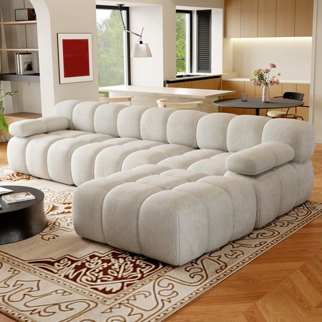 Canapé d’angle 300 cm blanc en tissu, forme L sans montage (1/5)