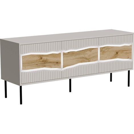 Mobile porta TV Novoli, Madia da salotto con ante battenti e vani interni, Con luci led, Rialzato da terra, 144x40 h62 cm, Beige e Rovere Nodi (1/5)