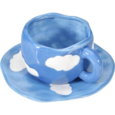 Tasse à café céramique avec soucoupe, faite main, pour femme, bureau et maison, compatible lave-vaisselle et micro-ondes, 300 ml pou (1/5)