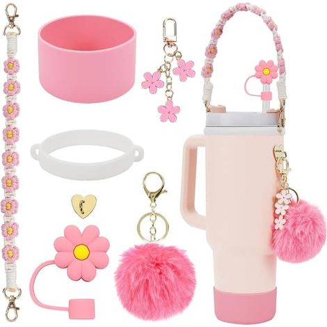 Ensemble d'accessoires pour arrosoir, chaîne de perles, cordelette de transport, chapeau de paille à motif bégonia, manchon pour tasse en silicone et pendentif pompon 8 (1/5)