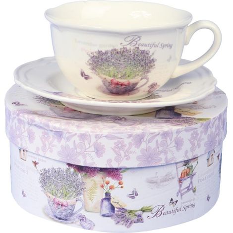 Set composto da tazza e piattino in ceramica con vaso in vimini, in confezione regalo. (1/3)