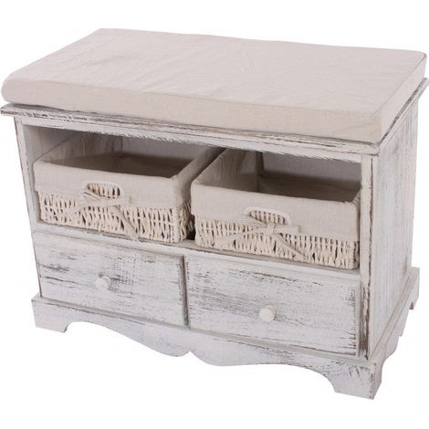 Panca in legno panca con 2 cesti e cassetti bianco 42x62x33cm BAN04024