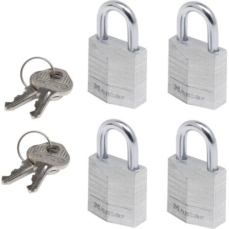 Master Lock 9120EURQNOPCC Mini Lucchetto, Chiave, Set di 4, Pacco Famiglia, Ottimo per valigia e armadietto, Argento/Alluminio, Piccolo (1/4)