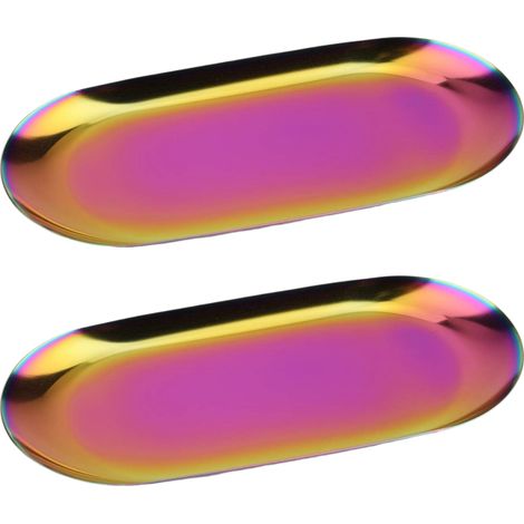 Plateau décoratif ovale en acier inoxydable de 23 cm de long, lot de 2. Idéal pour ranger bijoux, cosmétiques et autres objets dans la salle de bain. Finition holographique. (1/5)