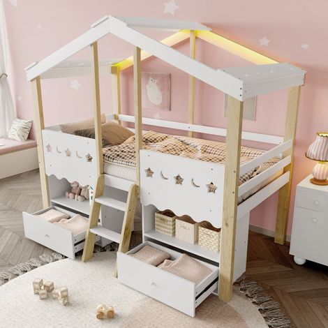 Kinderbett 90x200cm Hochbett mit LED-Lichtleiste,ohne matratze,Holzbett Bettgestell mit 2 Schubladen,Jugendbett auf Hausform,Weiß + Natur (1/5)