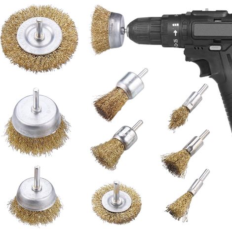 9Pcs Brosse Métallique pour Perceuse, Brosse Métallique Laiton Enduit Accessoire de Forage, Brosse Métallique Perceuse pour Nettoyer Rouille Éliminer Peinture Dégraissage, Ébavurage, Polissage (1/5)