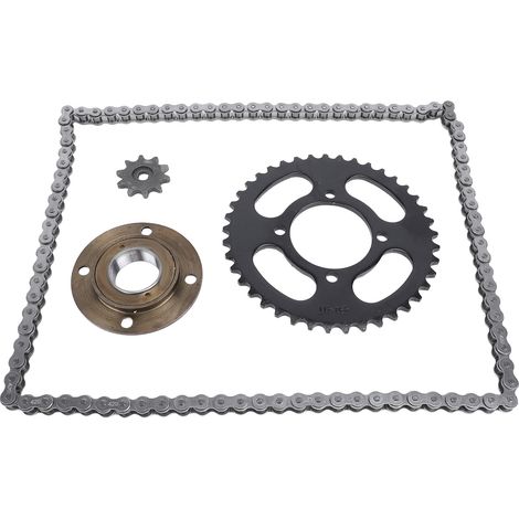 Kit chaîne et pignon 420, pignon avant 10 mm, pignon arrière 41 dents, chaîne 76 maillons, volant moteur sans dents (1/5)