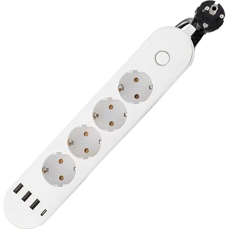 4-Outlet Power Strip 16A + 4 USB Ports (3 USB-A + 1 USB-C PD20W) with Switch, 2M Cable, White (1/5)