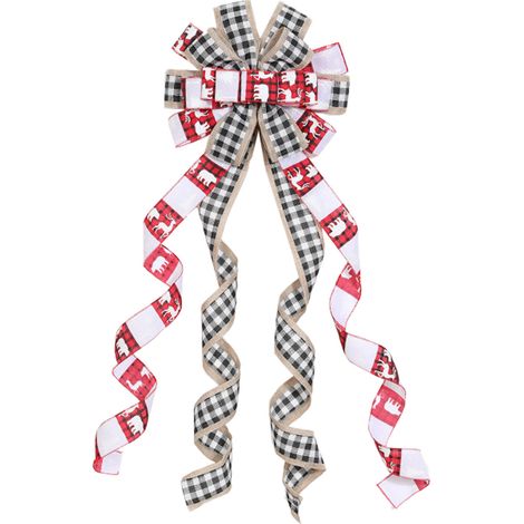 (Schwarz-weiß kariertes Muster, 6,3 cm breit, mit weißer Rentierschleife, einzeln verpackt) Große bedruckte Leinenschleife für den Weihnachtsbaum, 30 x 110 cm, Polyester + Leinen. (1/2)