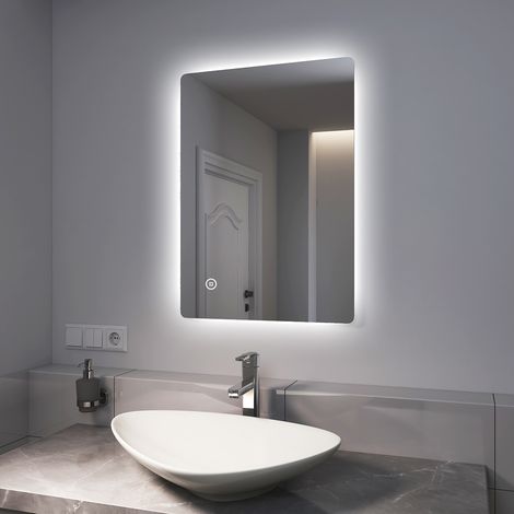 EMKE Miroir lumineux salle de bain Rétro-éclairage 70x50cm, Miroir LED avec Interrupteur Tactile, Anti-buée, Miroir avec éclairage Lumière Blanche Froide/Chaude/Neutre