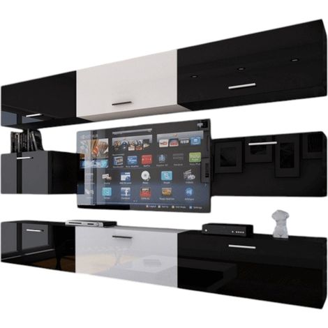 Conjunto de muebles de salón colgantes en negro y blanco de la colección CEPTO VII de 249 cm, 8 puertas, modulares, centro en blanco.