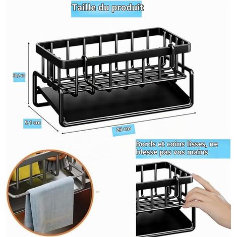 Porte Éponge Évier Cuisine avec Cuvette, Organisateur Evier Cuisine avec Porte-Serviettes et Rangement, Noir (1/4)