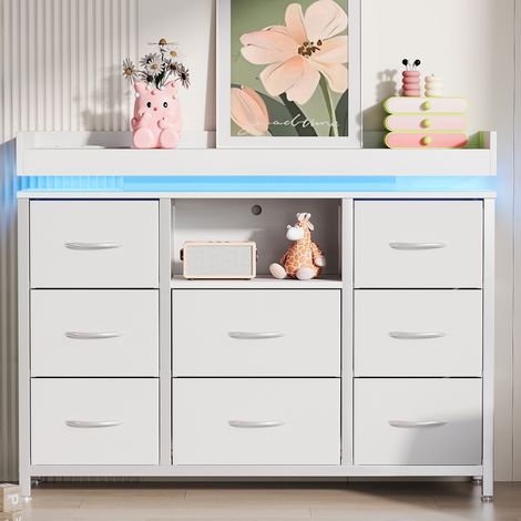 JOOKGBD-Comò, Mobile da Giorno con 8 Cassetti in Tessuto e Illuminazione LED, 2 Porte USB e 2 Prese di Corrente, Struttura in Metallo, per Camera Soggiorno