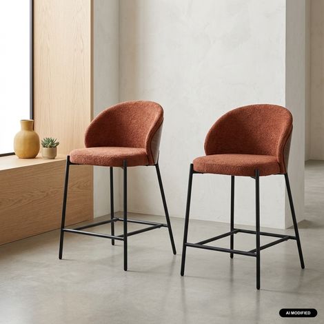 sweeek - Lot de 2 tabourets de bar bois de peuplier teinté noyer. acier noir et tissu texturé terracotta - Paul (1/5)