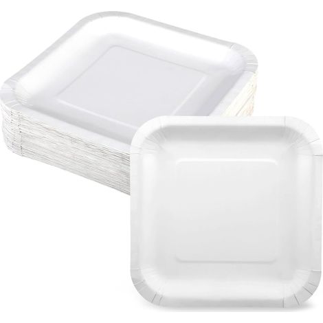 100 Assiette Carton, Assiette Jetable, Biodégradable, Adapté aux Fêtes, Anniversaires d'Enfants, Mariages, Barbecues, Pique-niques et Autres Activités (9 pouces, 250 g/m², blancs) (1/5)