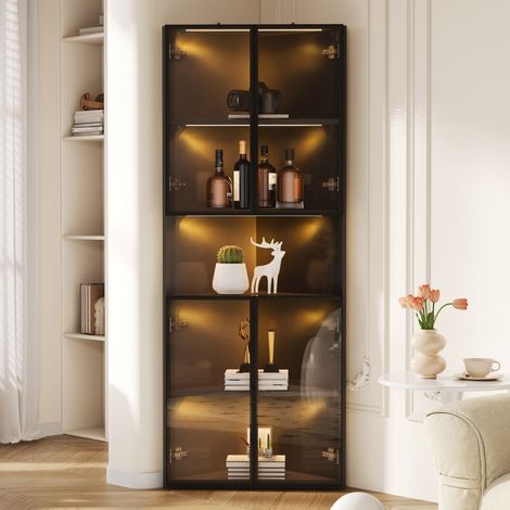 Vitrine d'angle triangulaire noire 62×32×160cm, façade vitrée, éclairage LED, espace ouvert pour décoration et collection (1/5)