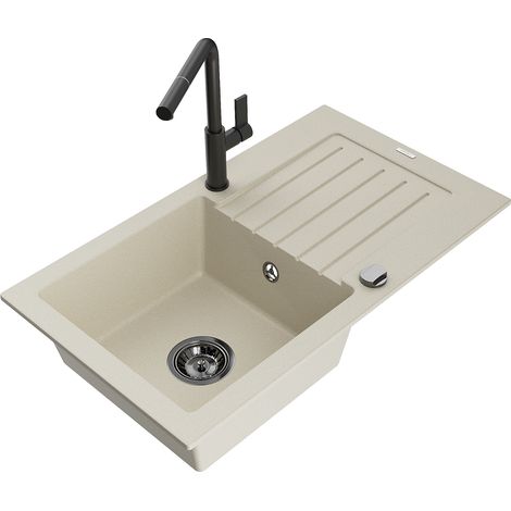 Mexen Pablo 1 Becken-Granitspüle mit Abtropffläche und Mischbatterie Flora, Beige - 6510-69-670401-7