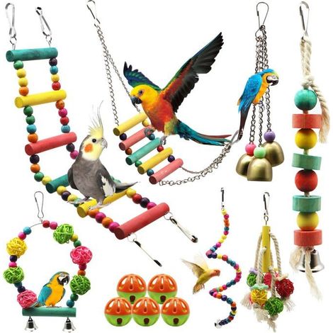 Lot de 12 Jouets pour oiseaux, balançoire, échelle d'escalade, bois, décoration cage, perruche