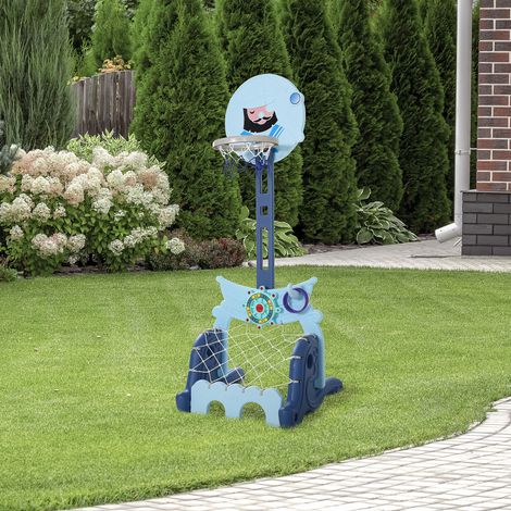 Panier de basket 4 en 1 avec support, jeu de golf, ballon de football à hauteur réglable, centre d'activités pour enfants de 3 ans et plus, 58 x 56 x 154 cm, bleu