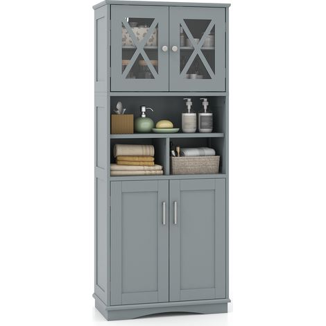 Meuble de salle de bain haut, grand meuble de rangement au sol avec portes en acrylique et 3 cubes - gris (1/5)