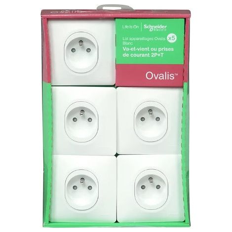 Schneider Electric – Pack de 5 prises 2P+T 16A encastré blanche – Plaque bornes auto-fixation vis – Pour installation électrique professionnelle