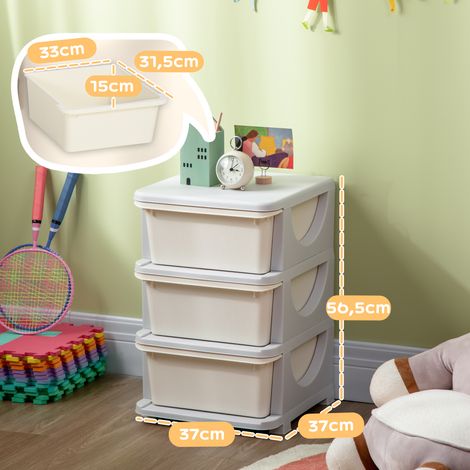 Boîtes de rangement pour enfants, 3 grands tiroirs, bords arrondis, plastique, 37 x 37 x 56,5 cm, blanc crème (1/5)