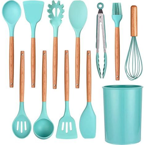 12-teiliges Küchenutensilien-Set aus Silikon mit Ständer, Utensilien mit Holzgriffen, antihaftbeschichtet und hitzebeständig, inklusive Pfannenwender und Küchenzubehör. (1/5)