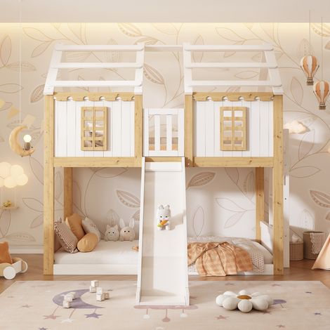 Lit superposé 90x200 cm, lit enfant, échelle, toboggan, barrière de sécurité, toit et fenêtres décoratifs, bois blanc et bois naturel (1/5)