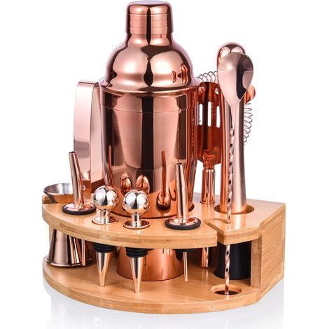 12-teiliges Cocktailset, professionelles Barkeeper-Set mit elegantem Bambusständer, Barwerkzeug aus Edelstahl für Mixgetränke (Roségold) (1/5)