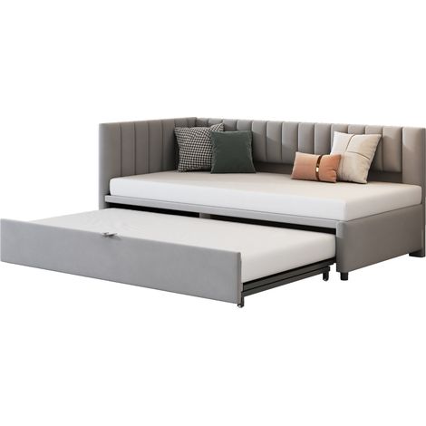 Canapé lit L d'angle 90 x 200 cm en velours gris avec lit gigogne coulissant, dossier et tête de lit, idéal petit espace, chambre d'enfant ou invités  CHICFURN (1/5)