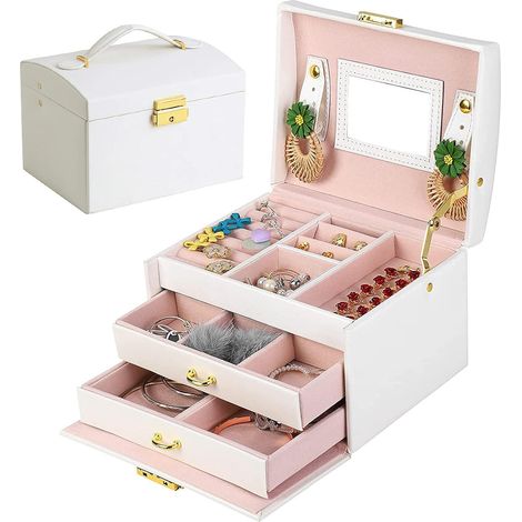 Coffret à Bijoux Femme, Boîte de Rangement en Cuir PU, 2 Tiroirs, Coffre à Bijoux Verrouillable avec Miroir, Étui de Voyage Portable, Doublure Velours (1/5)