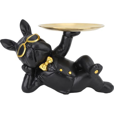 Bac de rangement statue bouledogue en résine synthétique, plateau unique pour entrée, boutique, bureau, noir. (1/5)