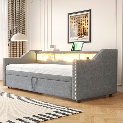 Coffre-lit escamotable canapé-lit 90/180x190 cm gris clair, rangement multifonction, éclairage LED et port USB, sommier à lattes inclus, livré avec deux matelas à ressorts