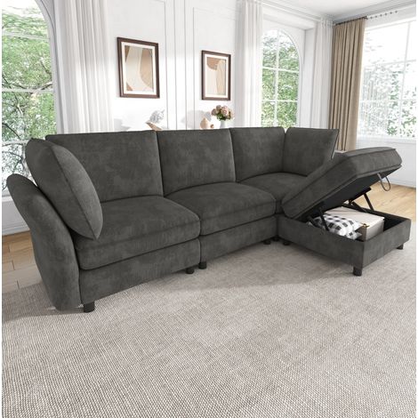 Canapé d’angle modulaire L 4 places avec pouf coffre, chenille gris, 225 x 137 x 84 cm (1/5)