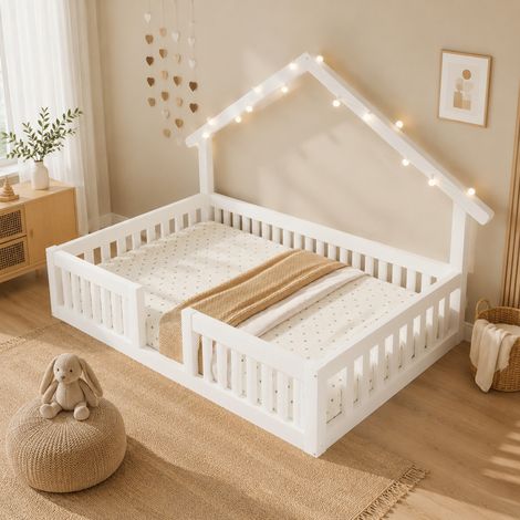 Cama casita infantil 90x200 cm de madera, con barreras de seguridad, LED y acabado blanco, OKWISH (1/5)