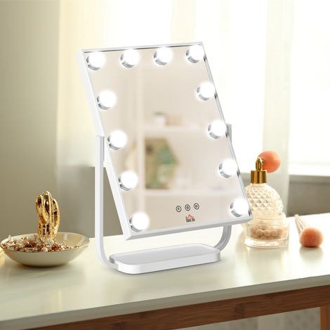 Specchio per il trucco illuminato HOMCOM, specchio da tavolo in stile Hollywood con 12 LED, 3 modalità, luce regolabile, touch screen e funzione memoria per camera da letto e bagno, 32,8x11x47,4 cm, b