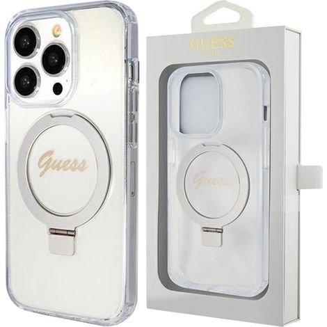 Guess GUHMP15LHRSGSD iPhone 15 Pro 6.1 transparente Hartschalen-Schutzhülle mit Ringständer, Schriftzug, Glitzer und MagSafe-Verschluss (1/5)
