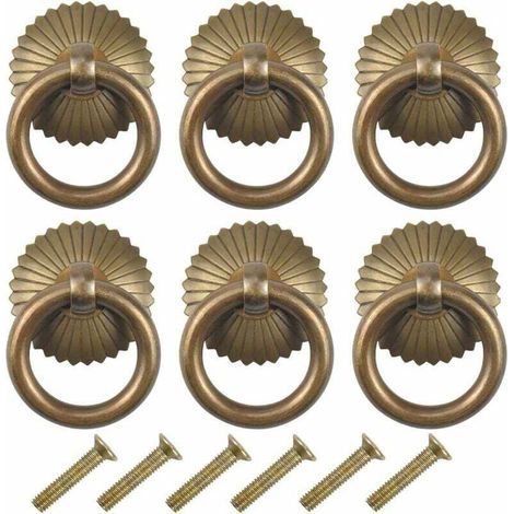 6 pcs Poignee de Meuble Vintage, Tiroir Bague Poignée de Traction, Poignées de Tirage Antique, Bouton de Meuble pour Cuisine Armoire Placard Commode Porte (Antique) (1/4)